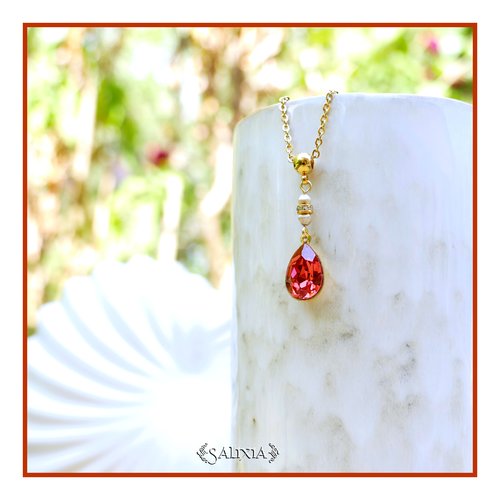 Collier pendentif cristal rose orangé perles de bohème strass cristal chaine et mousqueton acier inoxydable doré or 24 carats (#c412)
