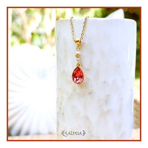 Collier pendentif cristal rose orangé perles de bohème strass cristal chaine et mousqueton acier inoxydable doré or 24 carats (#c412)