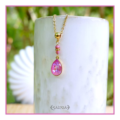 Collier pendentif cristal rose reflets bleus perles bohème strass cristal chaine et mousqueton acier inoxydable doré or 24 carats (#c413)