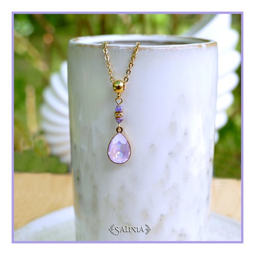 Collier pendentif cristal lavande reflets bleus perle bohème strass cristal chaine & mousqueton acier inoxydable doré or 24 carats (#c414)