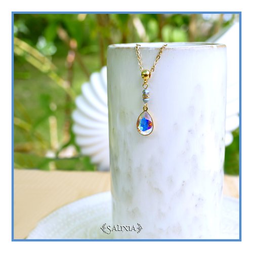 Collier pendentif cristal aurore boréale perles bohème strass cristal chaine & mousqueton acier inoxydable doré or 24 carats (#c415)