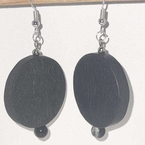 Boucles d'oreilles palet de bois noir