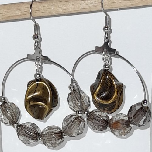 Boucles d'oreilles perles suspendue couleur bronze et perle taillée fumée