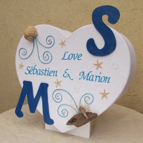 Urne en forme de coeur, décoration mariage thème mer, bleu et blanc, saperlipopette création