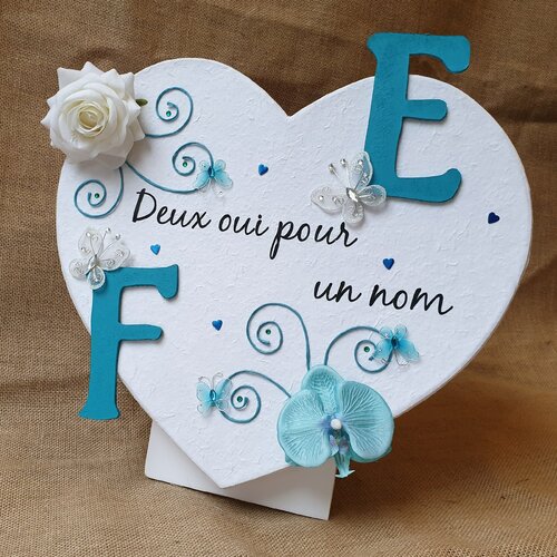 Grande urne cœur mariage turquoise thème fleurs et papillon, personnalisée, saperlipopette création