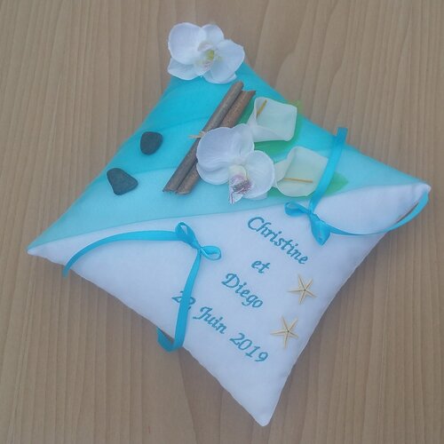 Coussin alliance turquoise et blanc, mariage thème asie, japon, zen attitude, personnalisé, saperlipopette créations