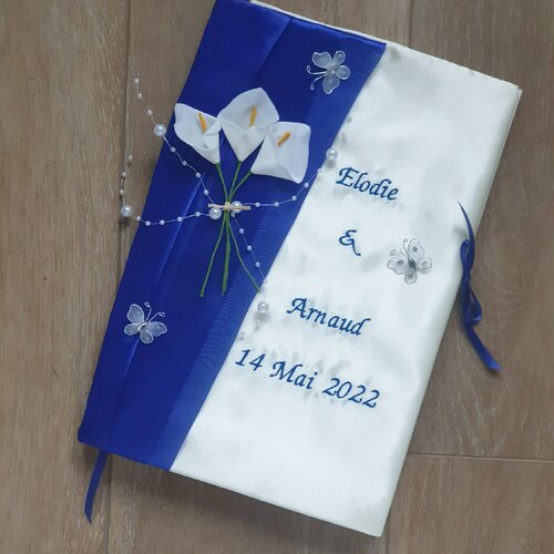 Livre d'or mariage, décor bleu roi, papillon, arums, personnalisé, anniversaire saperlipopette création