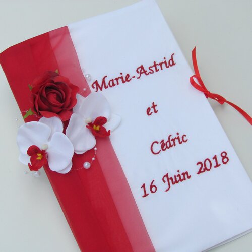 Livre d'or mariage, accessoire personnalisé, rouge, blanc, thème passion, fleur, rose, orchidée, anniversaire saperlipopette création