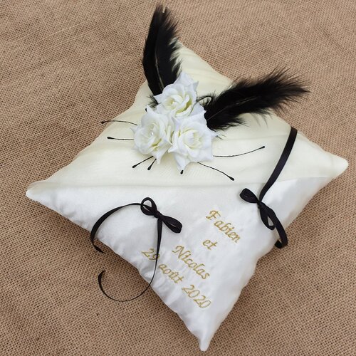 Coussin alliances thème gatsby , mariage noir et or, , saperlipopette création