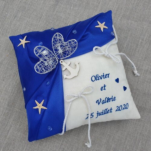 Coussin alliance mariage thème mer bleu roi personnalisé, thème grèce, saperlipopette création