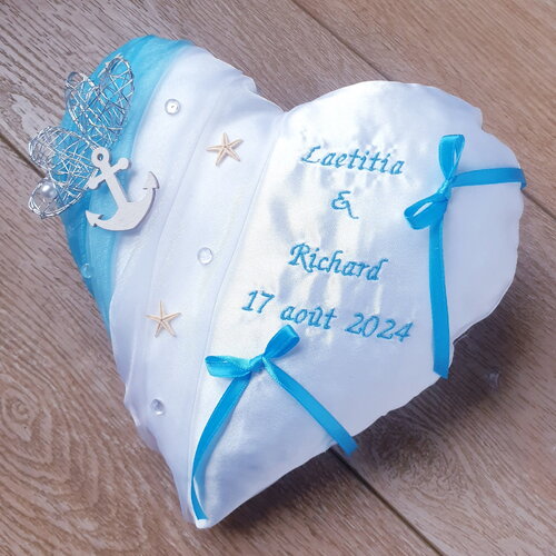 Coussin alliances cœur, décor mariage thème mer turquoise, cadeau fiançailles personnalisé, saperlipopette création