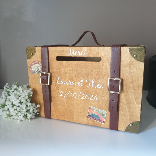 Grande urne valise bois personnalisée, mariage thème voyage vintage, saperlipopette création
