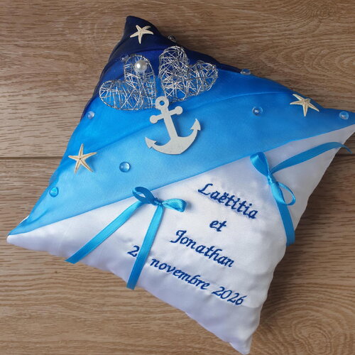Coussin alliances personnalisé, mariage thème mer, saperlipopette créations