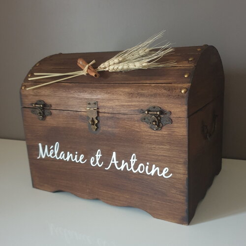 Grande urne, coffre bois chêne foncé, mariage thème champêtre épis de blé , saperlipopette création