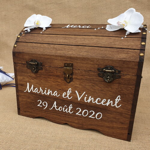 Grande urne, coffre bois avec cadenas, mariage thème orchidée, saperlipopette créations
