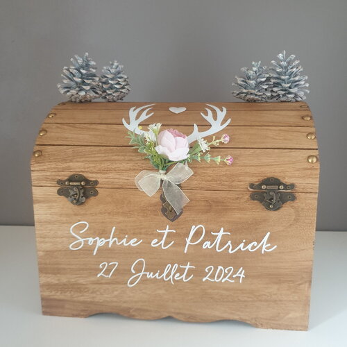 Grande urne coffre en bois, thème forêt enchantée, chasse, brocéliande, bois de cerf , saperlipopette créations
