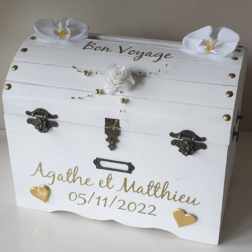 Urne coffre blanche et or personnalisée décor orchidée, avec cadenas saperlipopette création