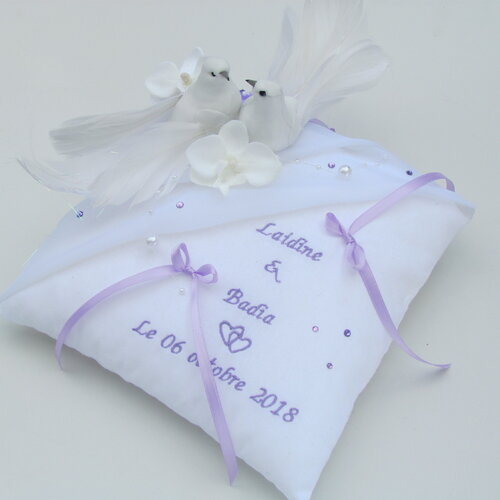 Coussin alliances parme et blanc, décor mariage thème oiseau, personnalisé, saperlipopette création