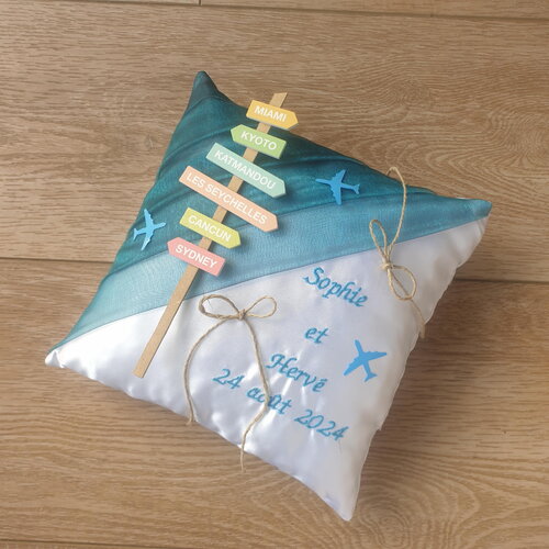 Coussin de mariage thème voyage de noce, avion, idée décor mariage bleu canard, personnalisé  saperlipopette créations