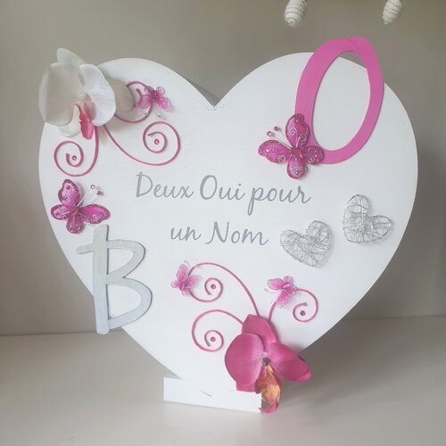 Urne cœur mariage fushia thème orchidée et papillon, personnalisée, saperlipopette création