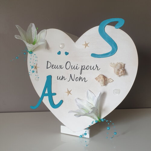 Grande urne cœur mariage bleu turquoise thème mer, décor lys, personnalisée, saperlipopette création