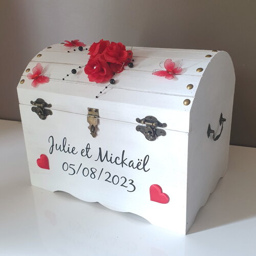 Grande urne coffre rouge, blanche et noir, personnalisée, mariage thème cœur, amour, avec cadenas, saperlipopette créations