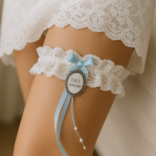 Jarretière de mariée personnalisée avec médaillon, sur mesure, bleu marine - bleu ciel ou autre – saperlipopette création