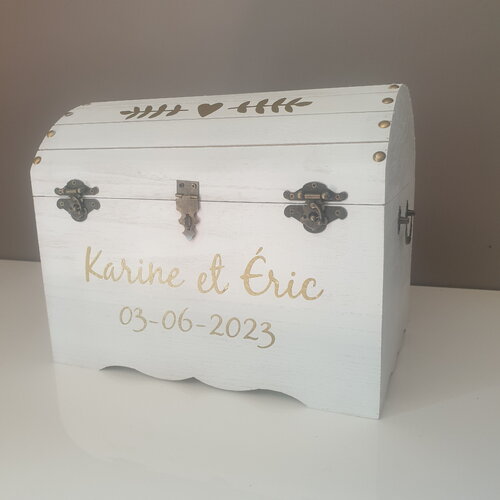 Grande urne mariage, coffre bois blanc et or personnalisé, avec cadenas saperlipopette création