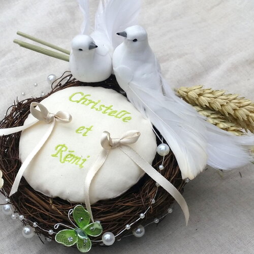 Coussin porte alliance, accessoire mariage, nid, colombes, oiseaux, romantique, champêtre, rustique, personnalisé, saperlipopette créatio