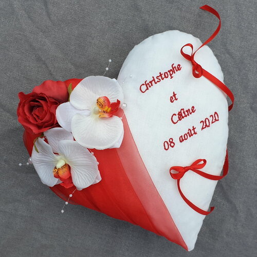 Coussin d'alliances cœur, mariage rouge et blanc thème orchidée, personnalisé saperlipopette créations