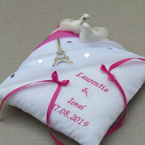 Coussin d'alliance mariage, décoration romantique, paris, tour eiffel, étoiles, colombe, personnalisé, saperlipopette créations