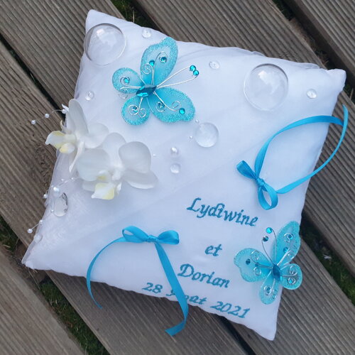 Coussin alliances bulle, orchidée et papillon, personnalisé, saperlipopette création
