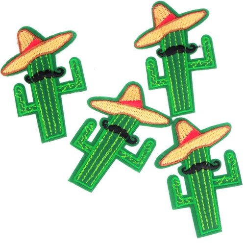 X 2 patchs cactus, appliques cactus avec chapeau et moustache, écussons thermocollants pour customisation de vêtements, 7  cm