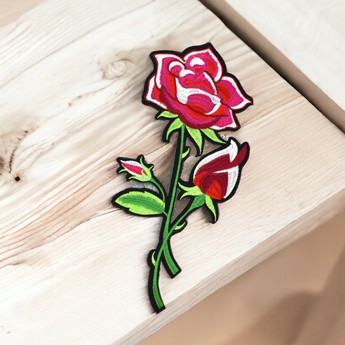 Grand patch rose, applique fleur rose, écusson brodé thermocollant pour customisation de vêtements, 27 cm 10.63&quot;