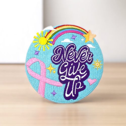 Patch cancer du sein, sensibilisation au cancer, écusson brodé never give up - ruban rose 8,2 cm