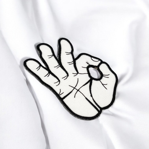 Patch main ok, applique main blanche, écusson brodé thermocollant pour customisation de vêtements,  8,2 cm