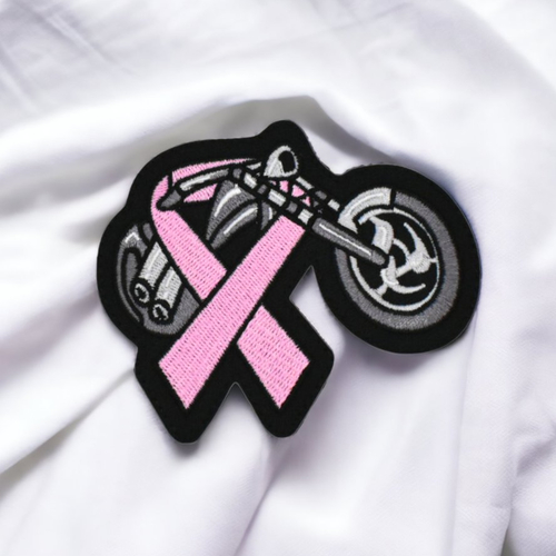 Patch brodé ruban rose, octobre rose, moto, sensibilisation au cancer du sein