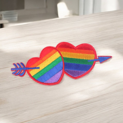 Patch double coeurs, arc en ciel, signe lgbsq, 13,5 cm