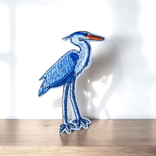 Ecusson héron bleu, patch brodé 10 cm