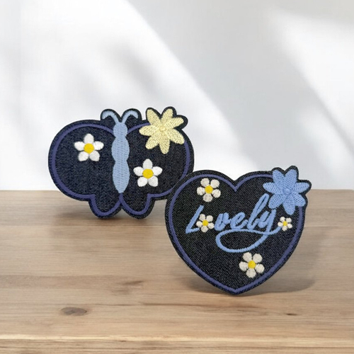 2 patchs applique denim coeur et papillons, patchs fleurs brodées - ecussons thermocollants