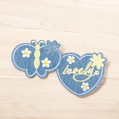 2 patchs applique denim coeur et papillons, patchs fleurs brodées - ecussons thermocollants