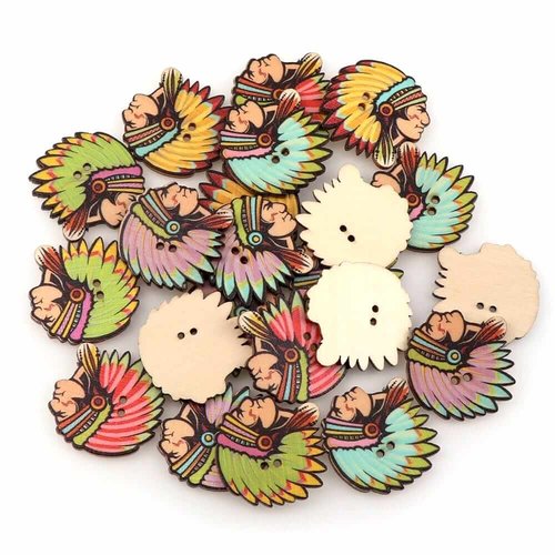20 boutons chef indien en bois, amérindiens, pour projet couture boutons scrapbooking  3 cm