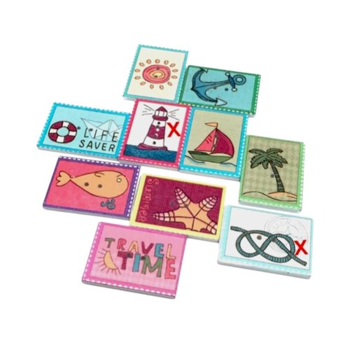 25 boutons en bois, timbres vacances d'été, palmier, poissons, bateaux 3,4  cm
