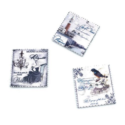 20 boutons timbres france, tour eiffel, rome, mode... en bois 3,3 cm - 2 trous