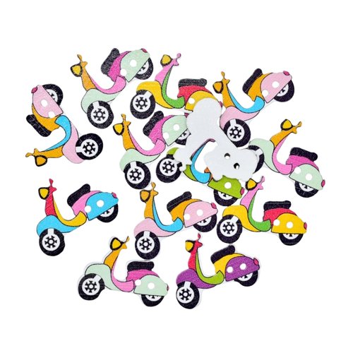 31 boutons en bois scooter vespa multicolores 2,6 cm - 2 trous