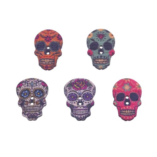 20 boutons tête de mort en bois skulls - 2 trous