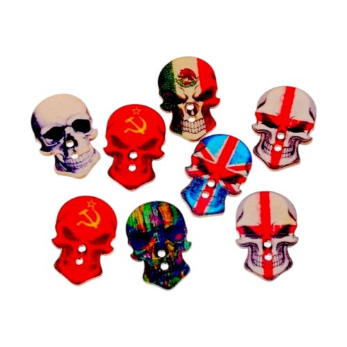 25 boutons têtes de mort en bois skulls - 2 trous