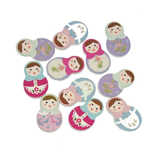 10 boutons poupées russes en bois 2,9 cm