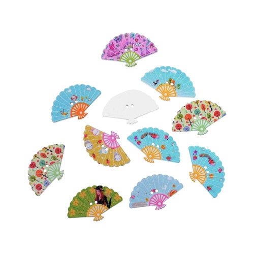 20 boutons éventail en bois peint 3 cm - 2 trous