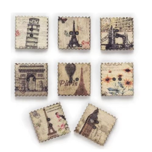 18 boutons vintage monuments en bois 17 mm